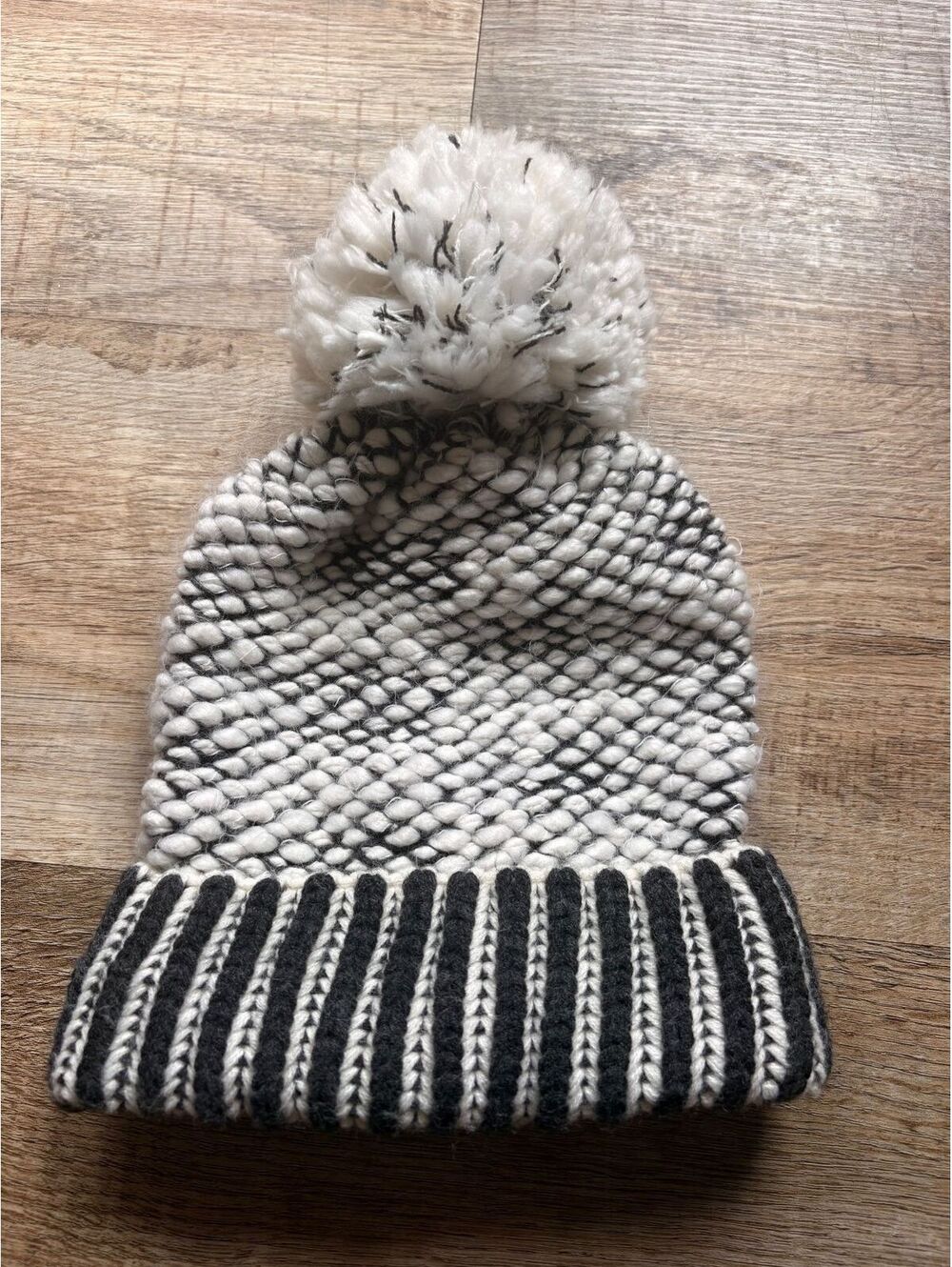 Free People Knitted Black and White Pom Pom Beanie Hat